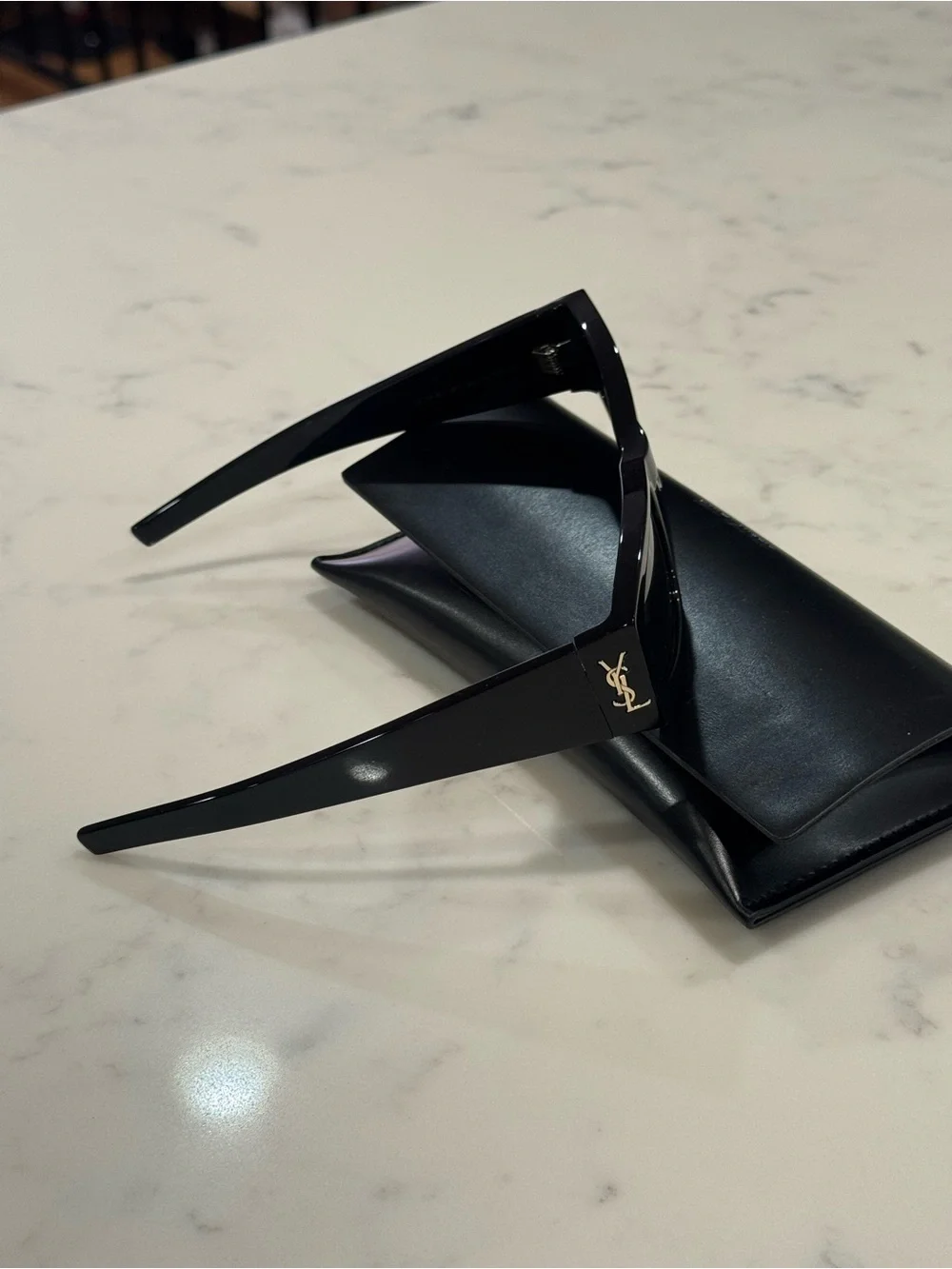 Saint Laurent Glossy Black Rectangular Sunglasses with Gold YSL Logo